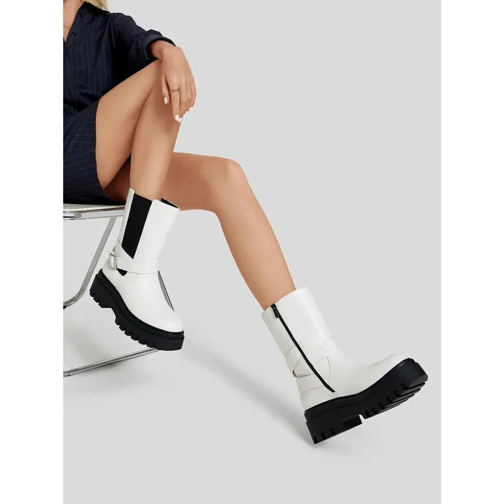 Women's White Chelsea Platform Boots Comfort Width Fall Winter Ankle Booties
